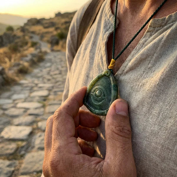 Person holding a greenstone pendant on a stone path with a scenic background