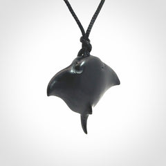Hand carved manta ray pendant. Black jade manta pendant hand carved by NZ Pacific. Black jade jewellery for sale online.