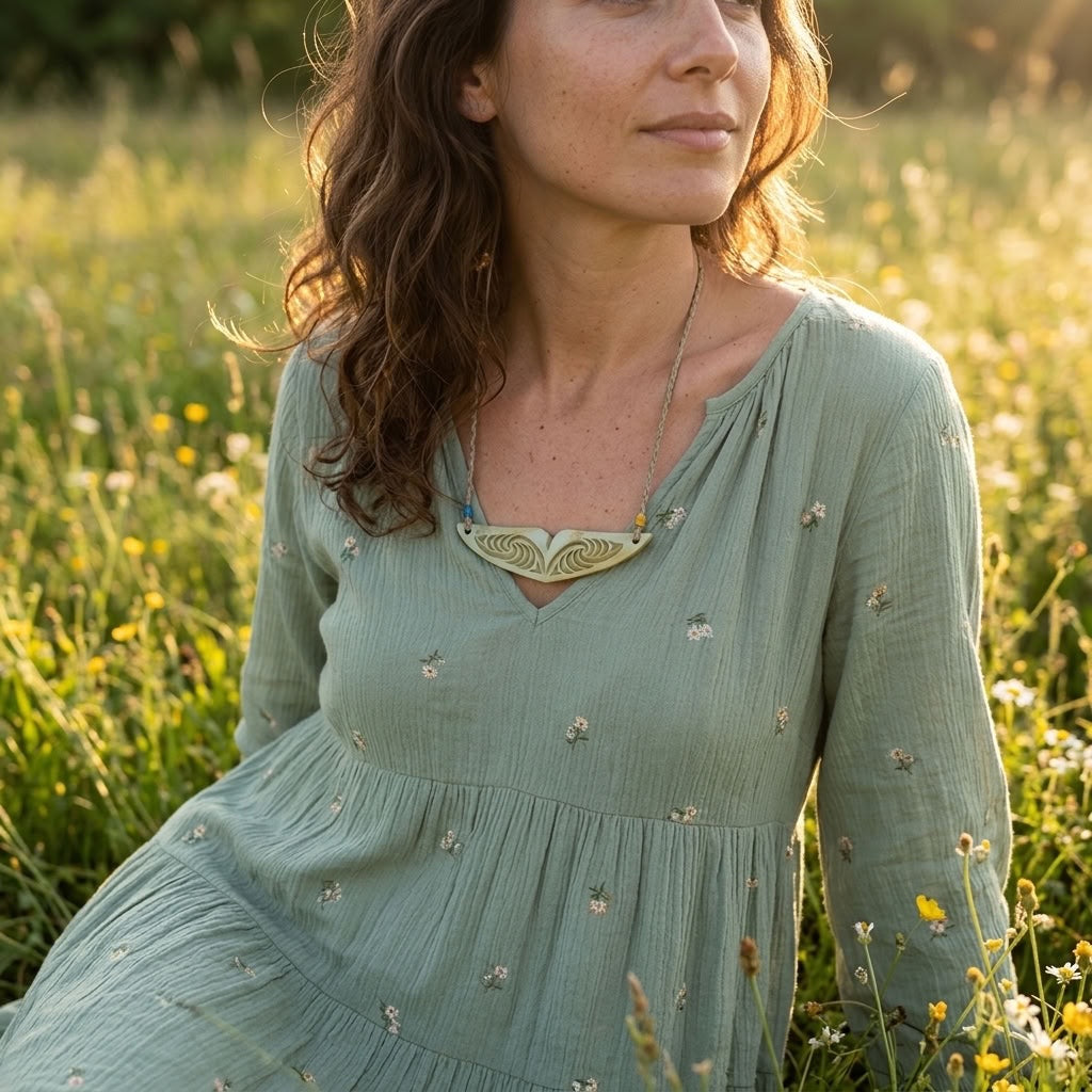 Woman wearing jade whale tail pendant