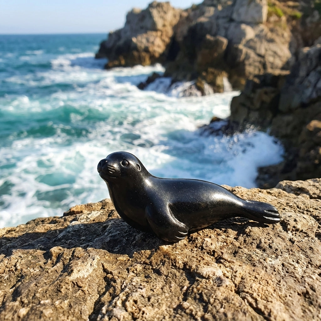 Black Jade seal pendant on a rocky coastal landscape with ocean waves.