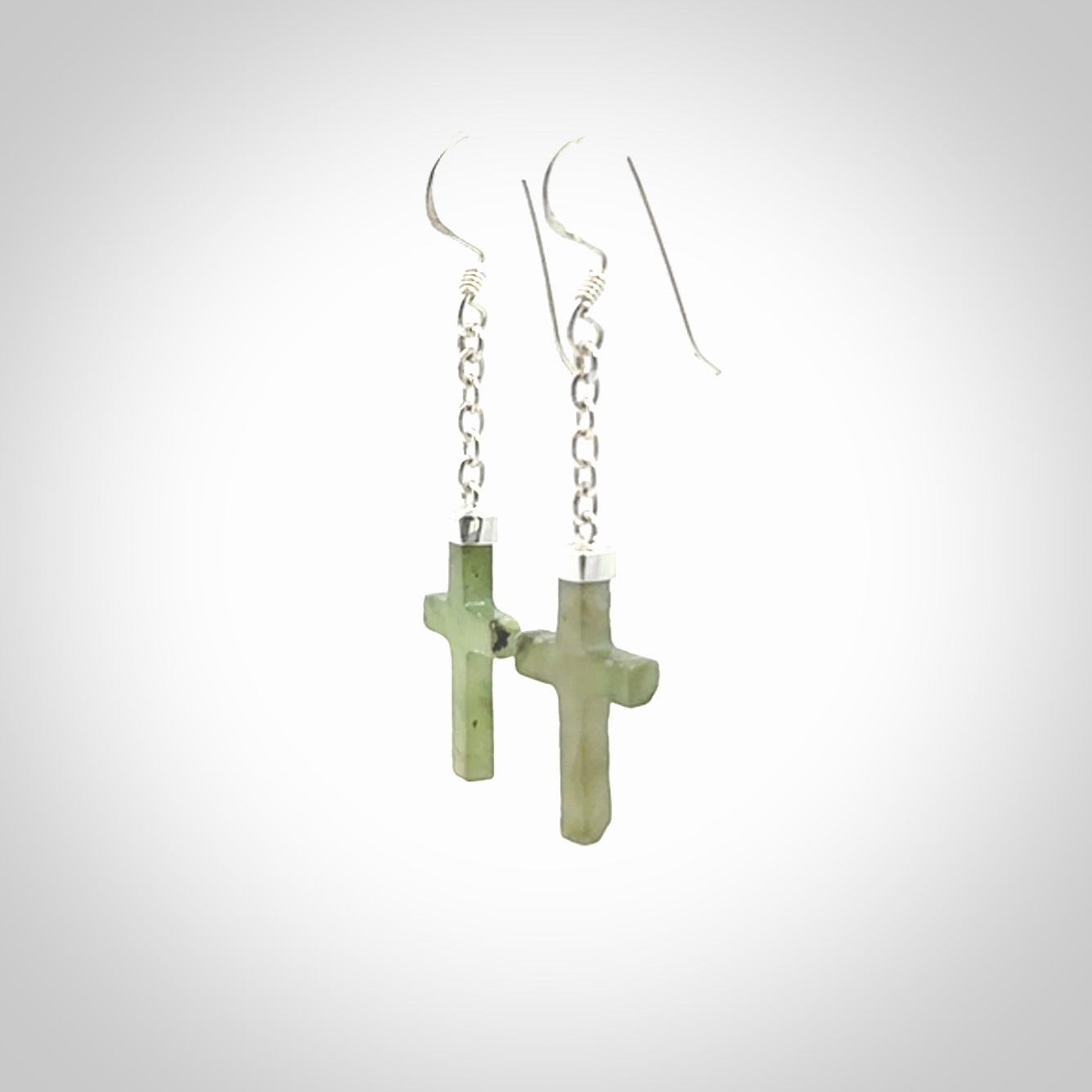 Hand carved small Nephrite jade cross earrings. Made by NZ Pacific from real jade. Online jewellery for sale online by NZ Pacific.