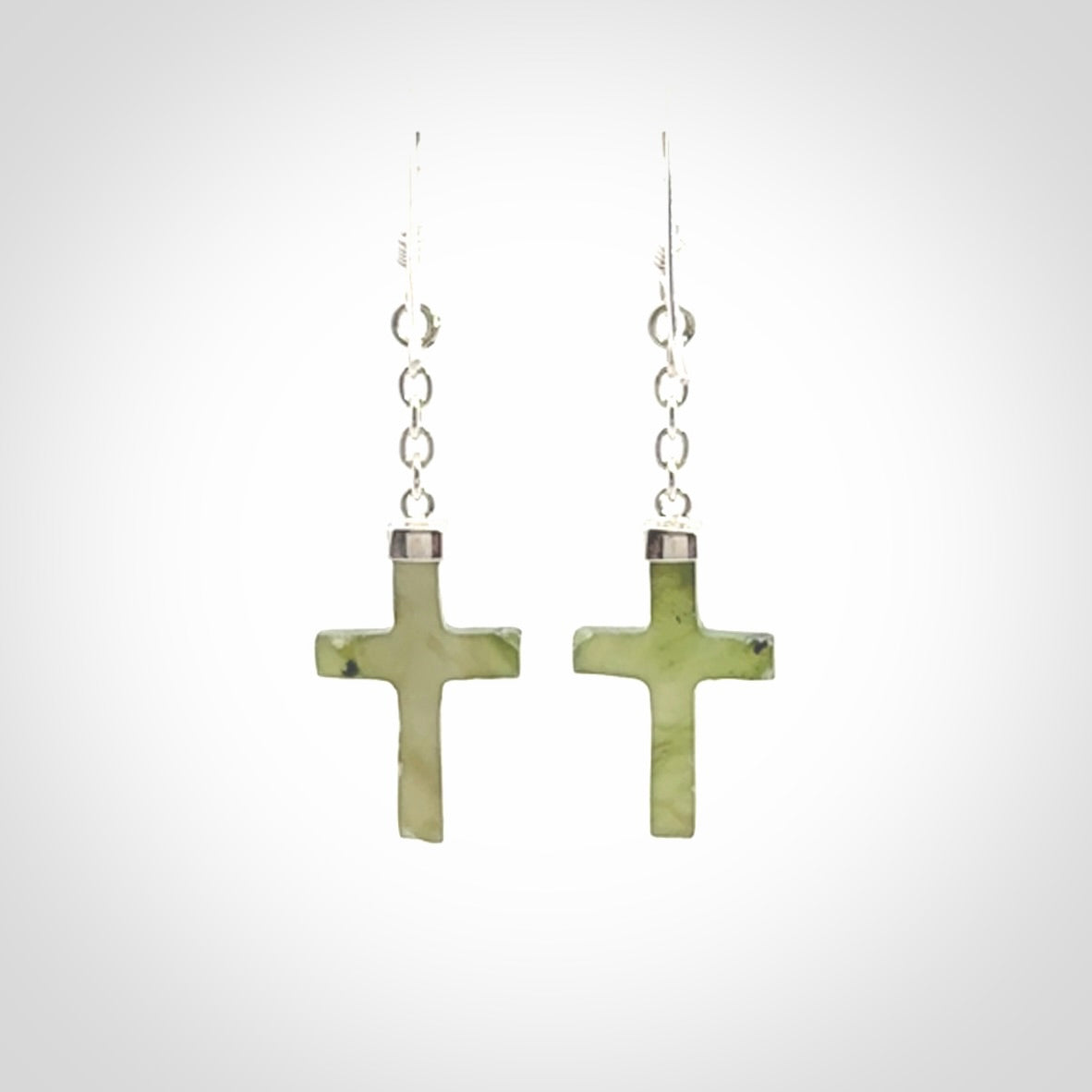 Hand carved small Nephrite jade cross earrings. Made by NZ Pacific from real jade. Online jewellery for sale online by NZ Pacific.