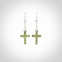 Hand carved small Nephrite jade cross earrings. Made by NZ Pacific from real jade. Online jewellery for sale online by NZ Pacific.