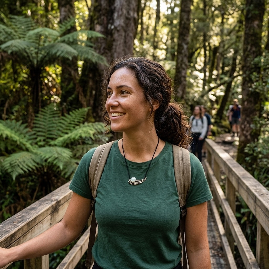 woman wearing silver fern pendanr