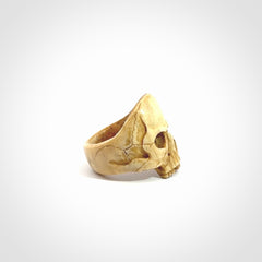 Hand carved skull ring. Made from Red Deer antler in New Zealand. Unique skull ring hand made from deer antler by master bone carver Fumio Noguchi. Spectacular collectable work of art, made to wear. One only ring, delivered to you at no extra cost with express courier.