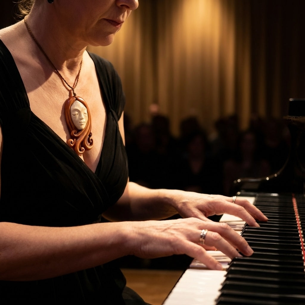 A woman wearing a bone pendant