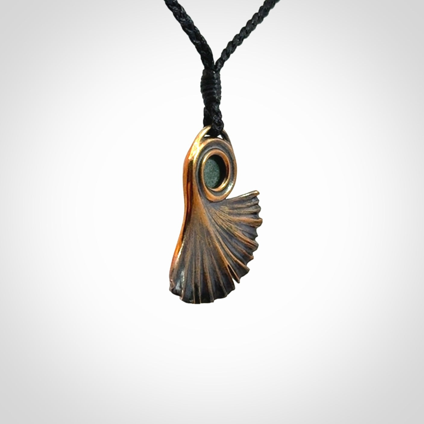 Hand Crafted Bronze ginkgo leaf pendant with New Zealand Jade insert