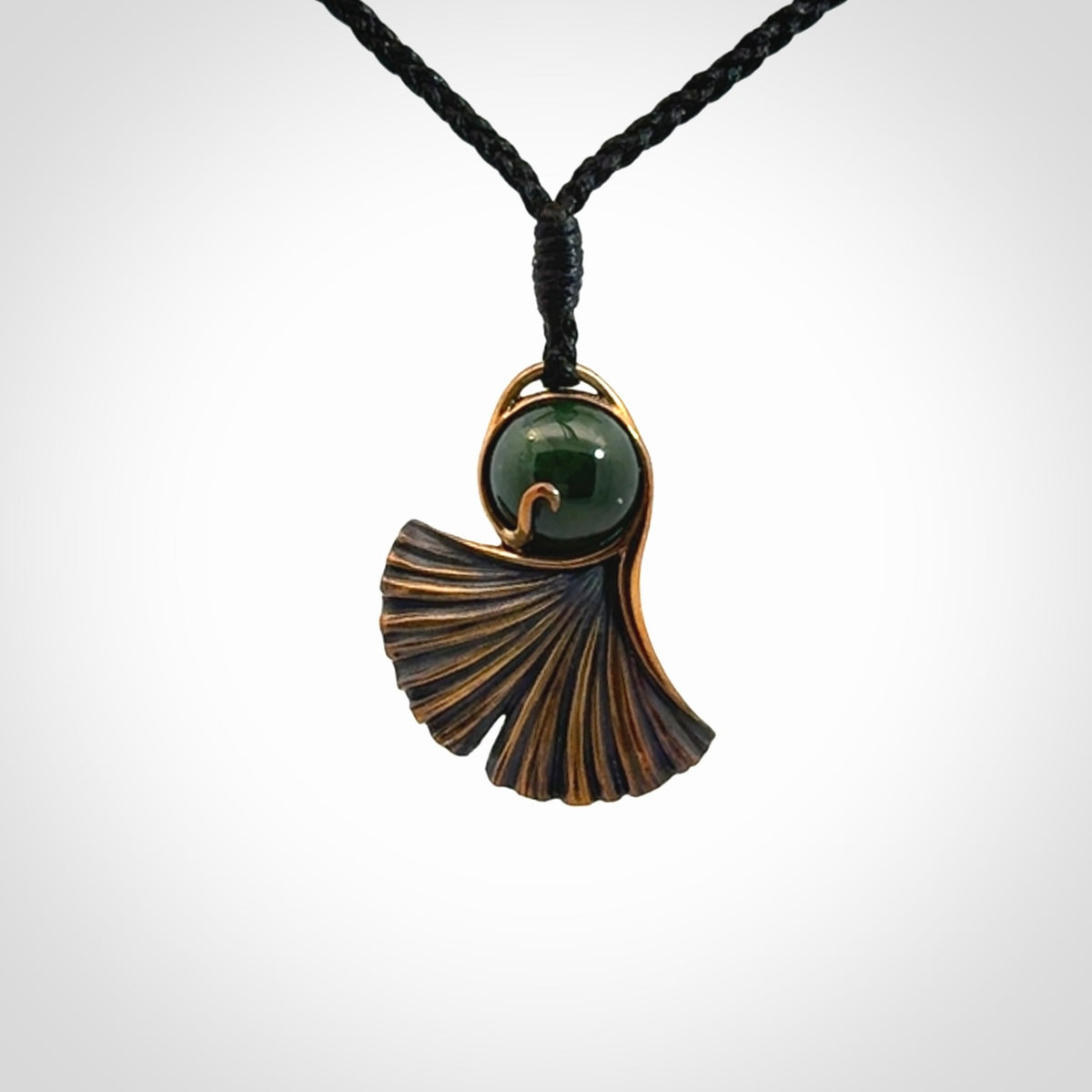 Hand Crafted Bronze ginkgo leaf pendant with New Zealand Jade insert