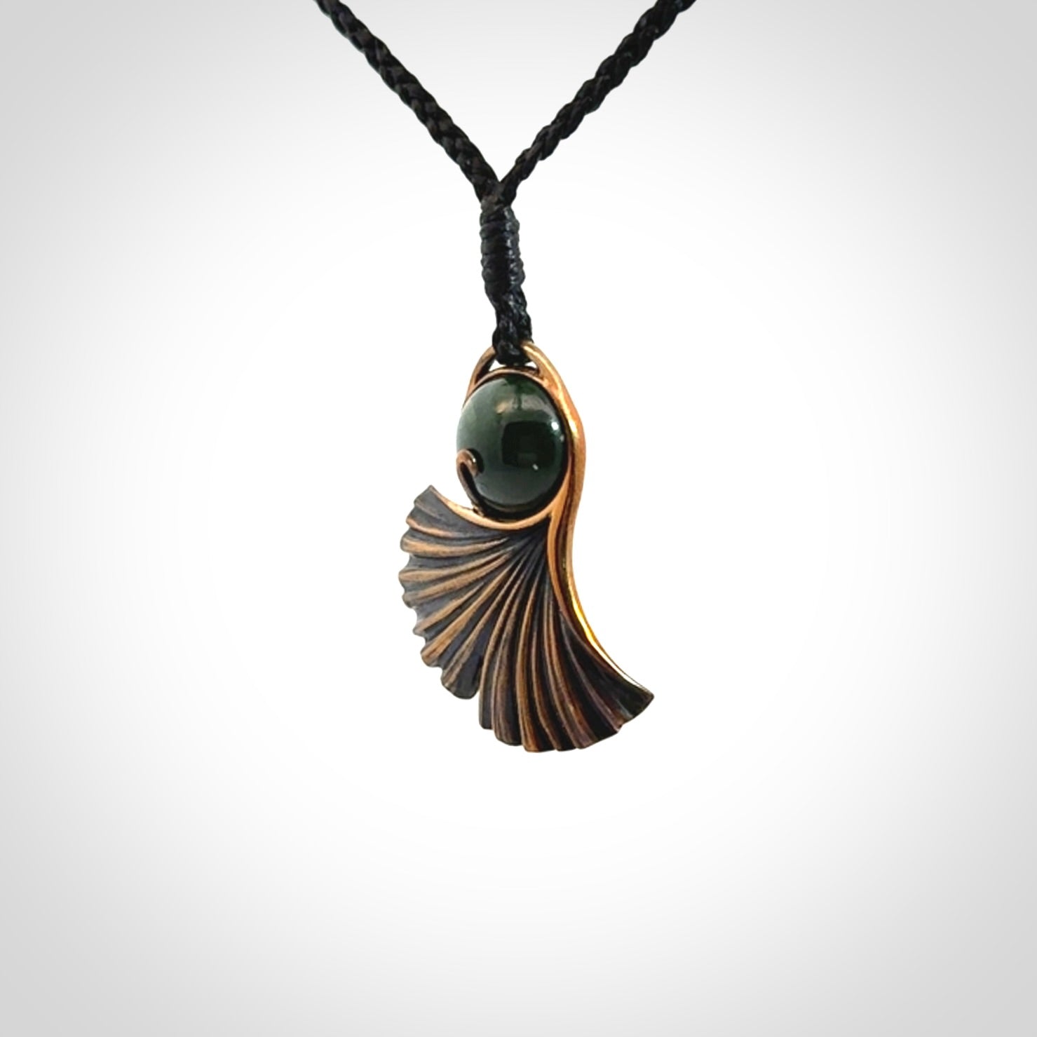 Hand Crafted Bronze ginkgo leaf pendant with New Zealand Jade insert