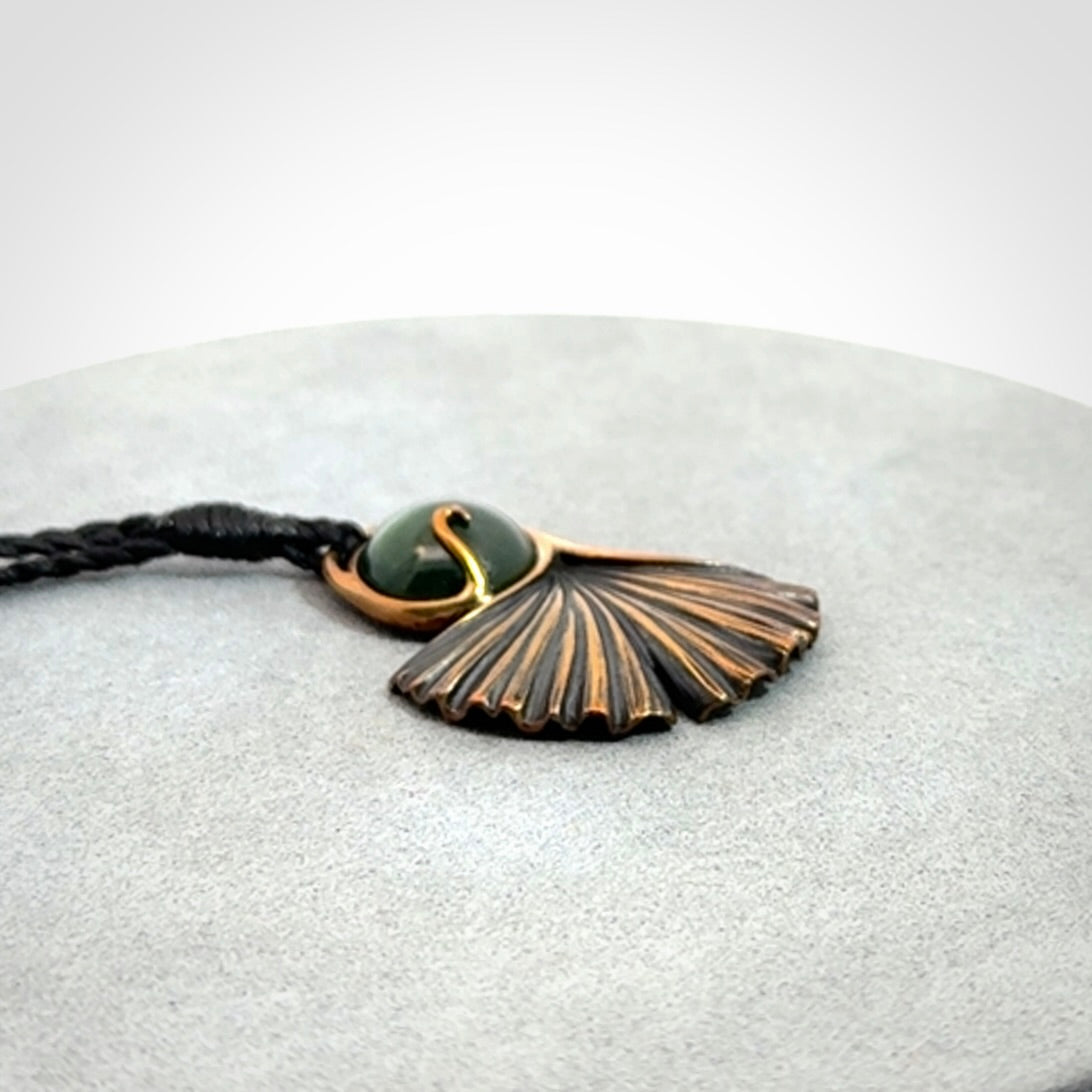 Hand Crafted Bronze ginkgo leaf pendant with New Zealand Jade insert