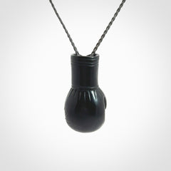 Hand Carved Black Jade Boxing Glove Pendant.