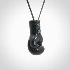 Hand Carved Black Jade Boxing Glove Pendant.
