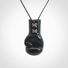 Hand Carved Black Jade Boxing Glove Pendant.