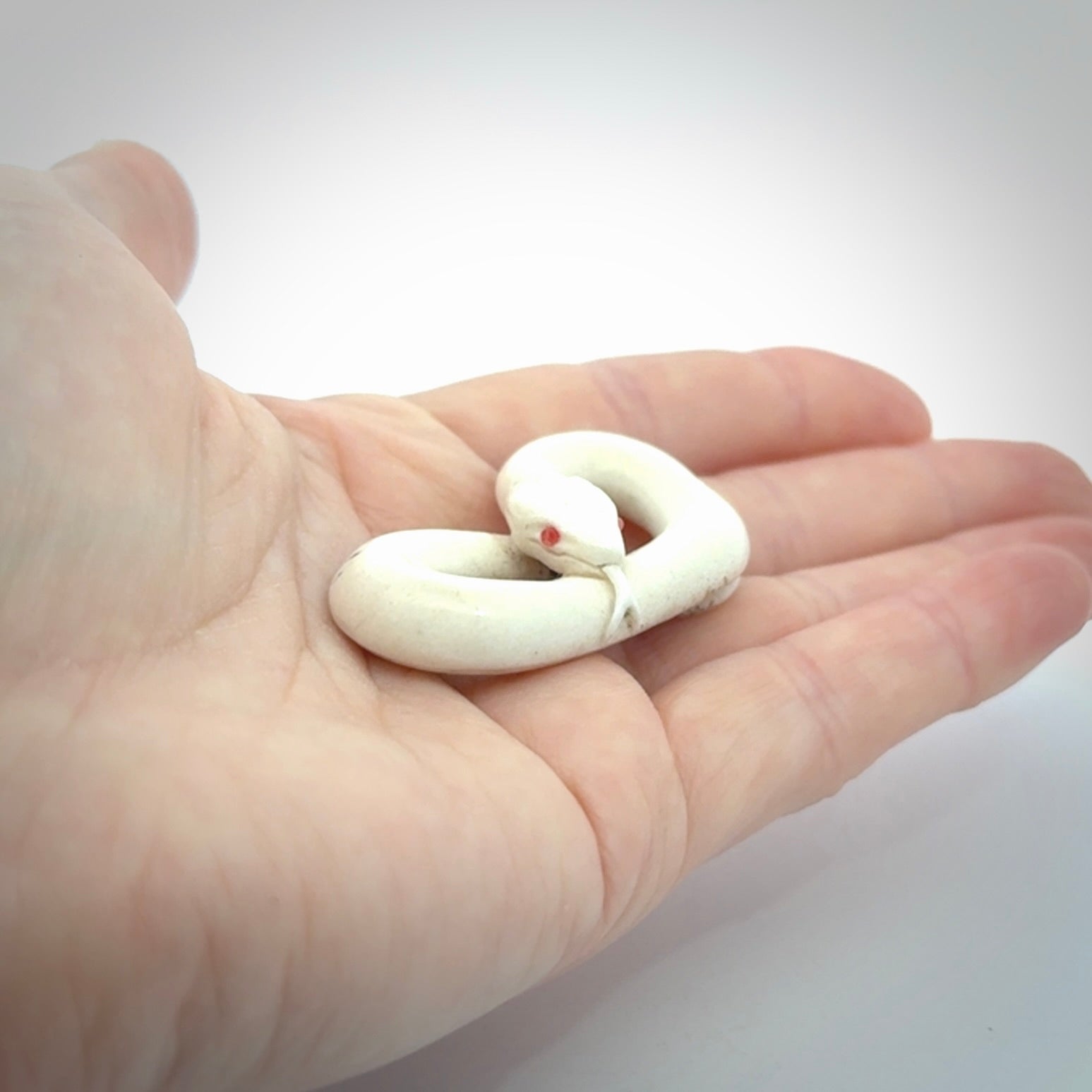 Hand carved red eyed white snake pendant made from Deer antler in New Zealand. Hand made by master bone carver Fumio Noguchi. Spectacular collectable work of art, made to wear. One only pendant, delivered to you at no extra cost with express courier.