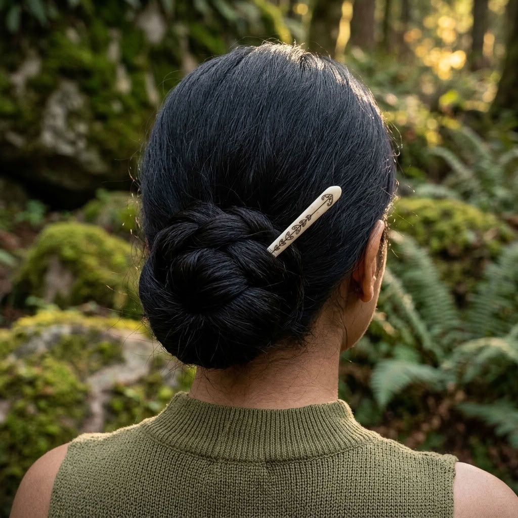 Woman wearing bone hair pin