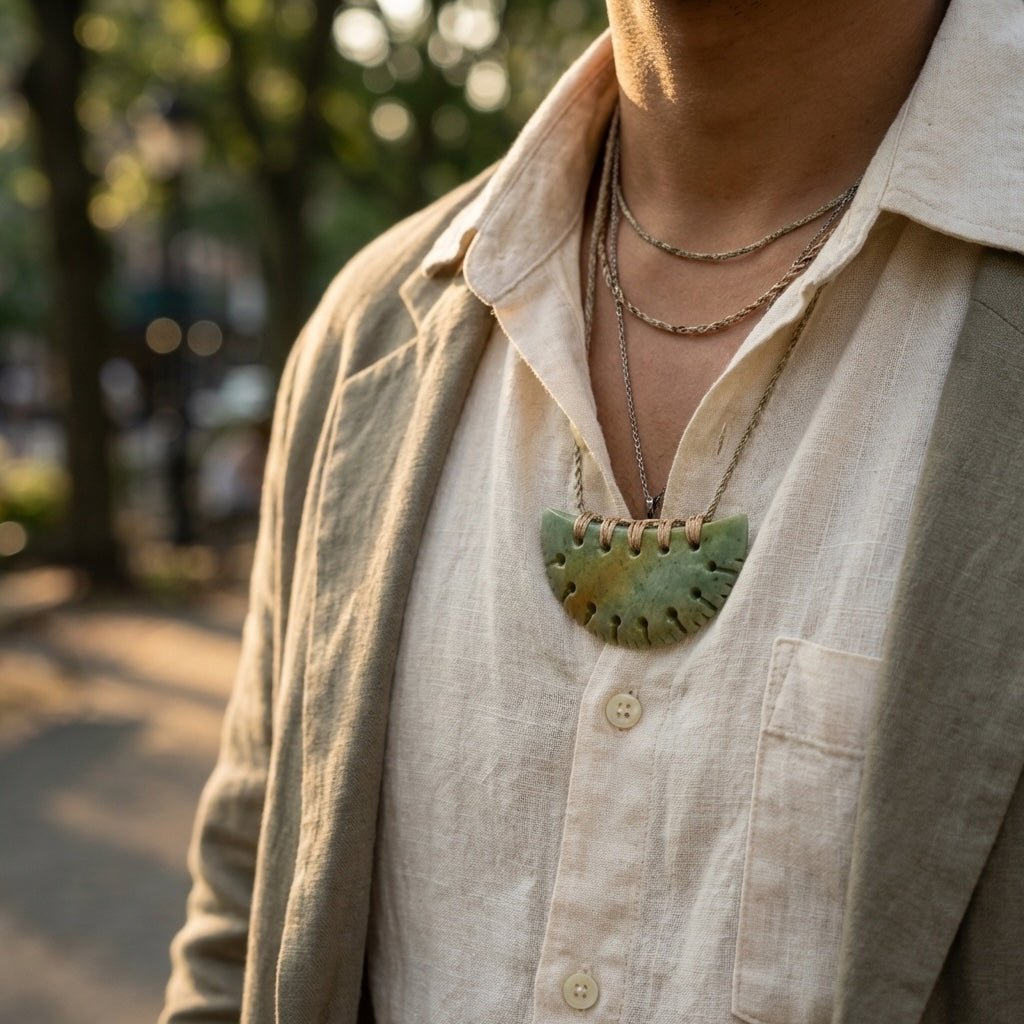 person wearing jade pendant