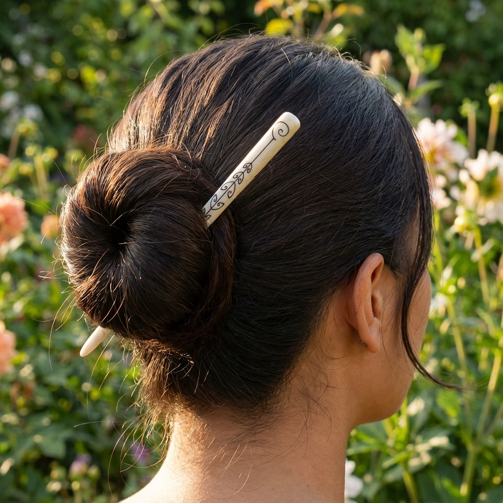 Woman wearing a hair pin in a bun hair style
