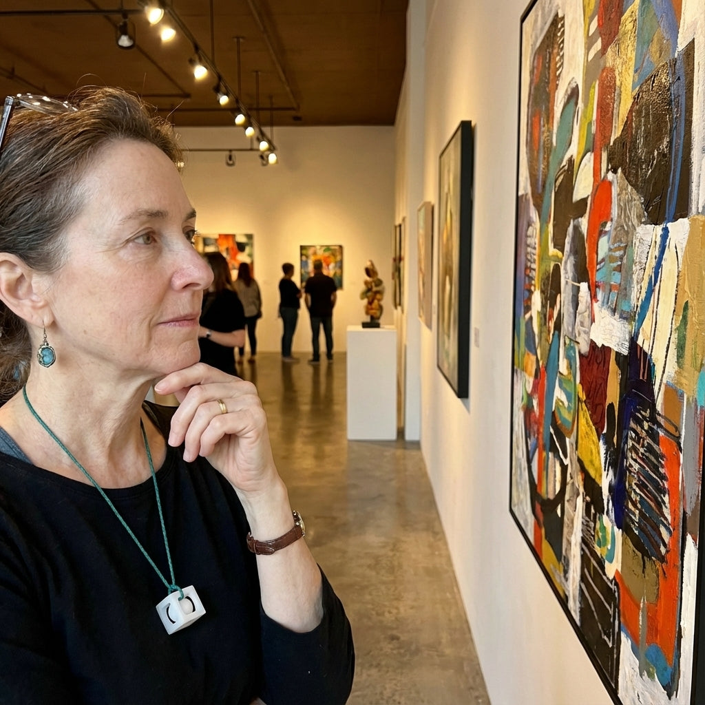 Woman in an art gallery looking at a colorful abstract painting wearing a pendant