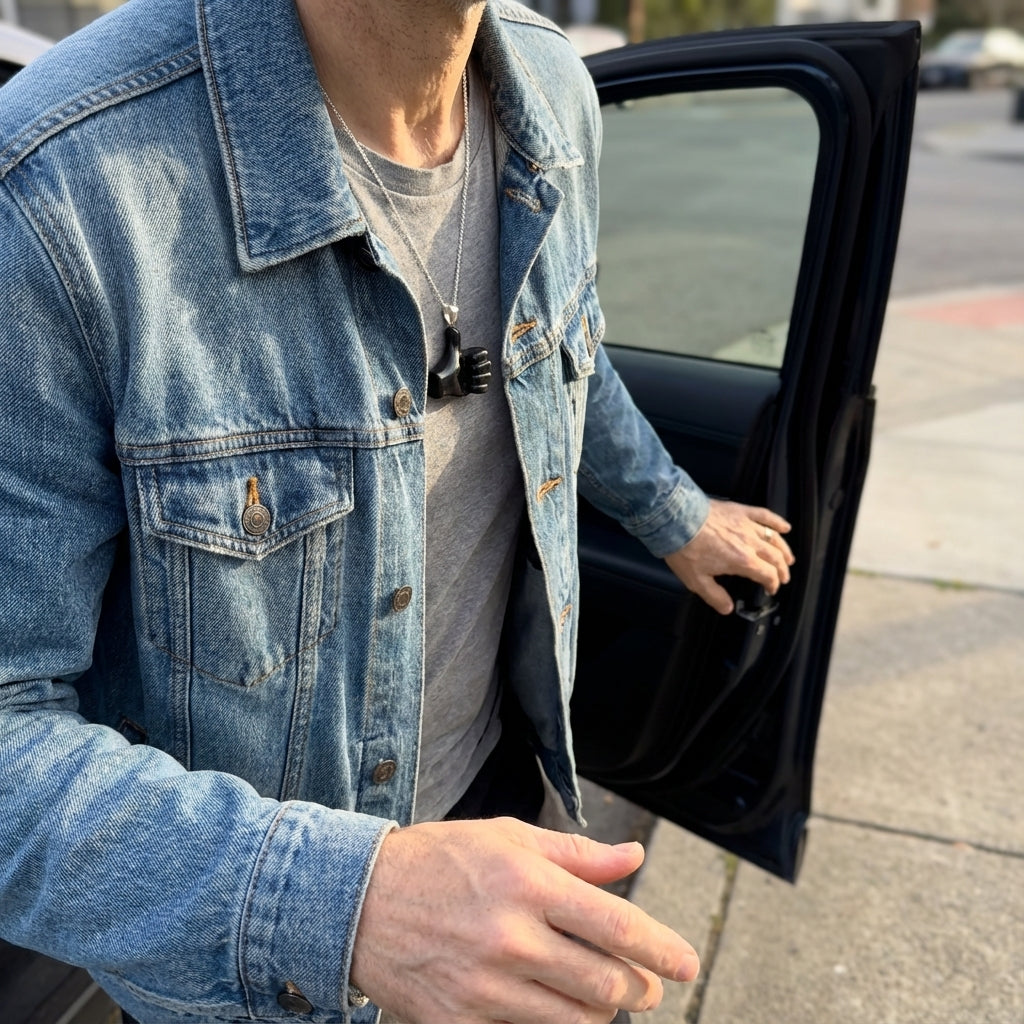Person in a denim jacket wearing a black jade thumbs up necklace opening a car door on a street.