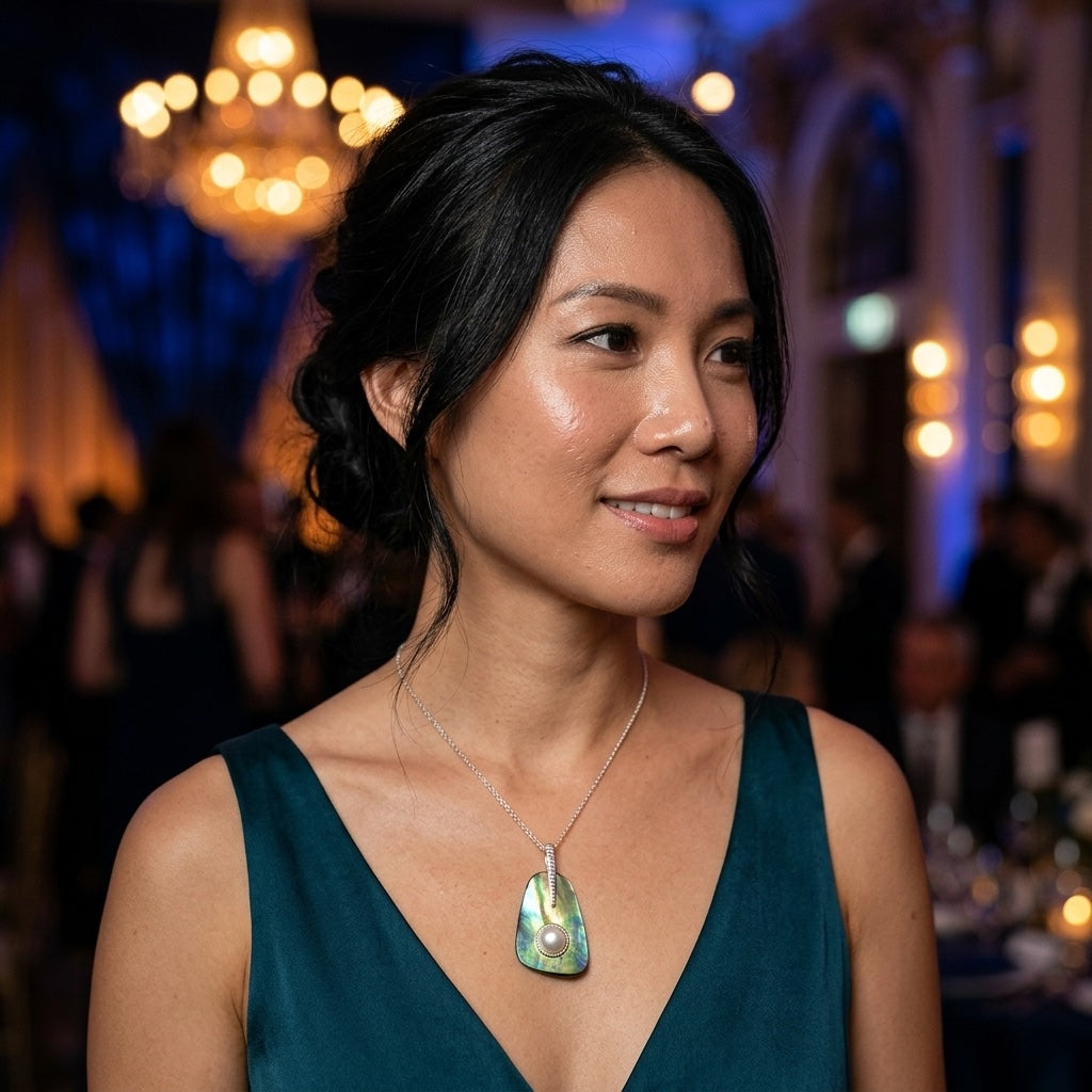 woman wearing Paua shell and sterling silver necklace