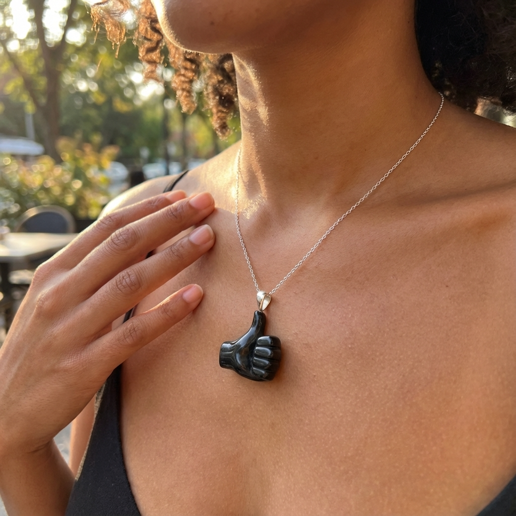 Person wearing a necklace with a unique thumbs up pendant outdoors