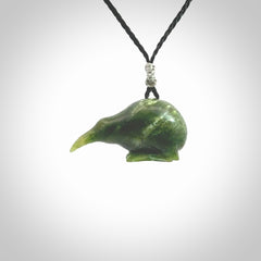 Hand carved Jade kiwi pendant for lovers of birds. Hand made kiwi necklace with black adjustable cord. Unique gifts and Art to Wear by NZ Pacific.