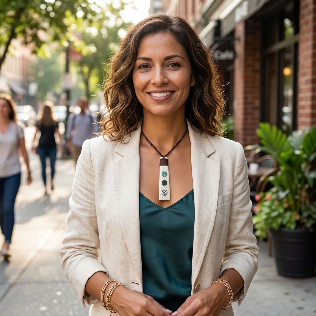 Woman wearing bone toki pendant