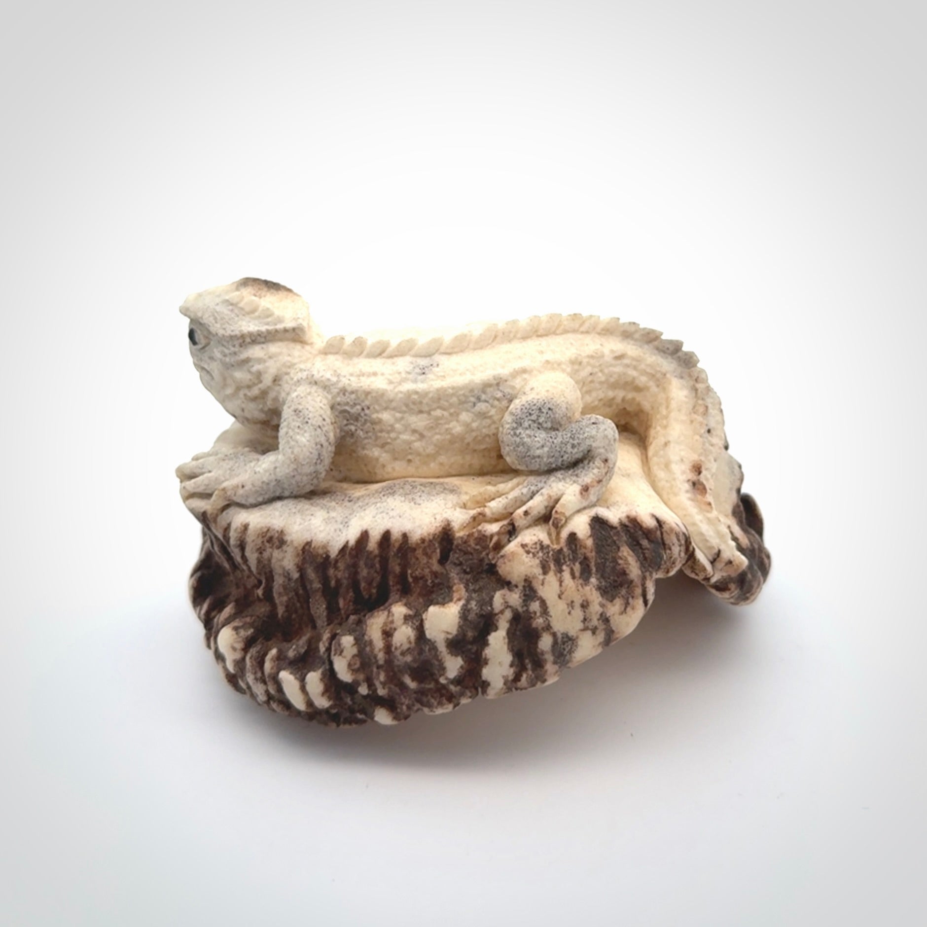 Hand carved Tuatara Sculpture carving made from Deer antler crown. Hand made by master bone carver Fumio Noguchi. Spectacular collectable work of art to display. One only, delivered to you at no extra cost with express courier.