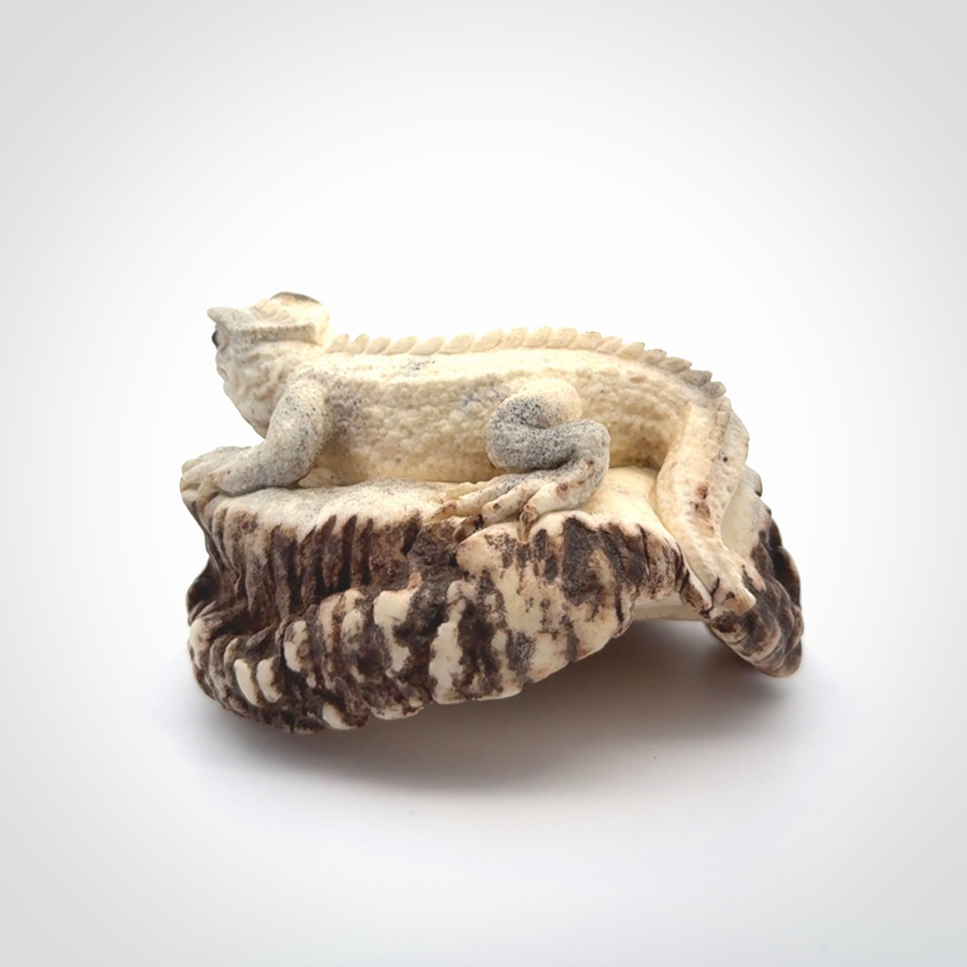 Hand carved Tuatara Sculpture carving made from Deer antler crown. Hand made by master bone carver Fumio Noguchi. Spectacular collectable work of art to display. One only, delivered to you at no extra cost with express courier.