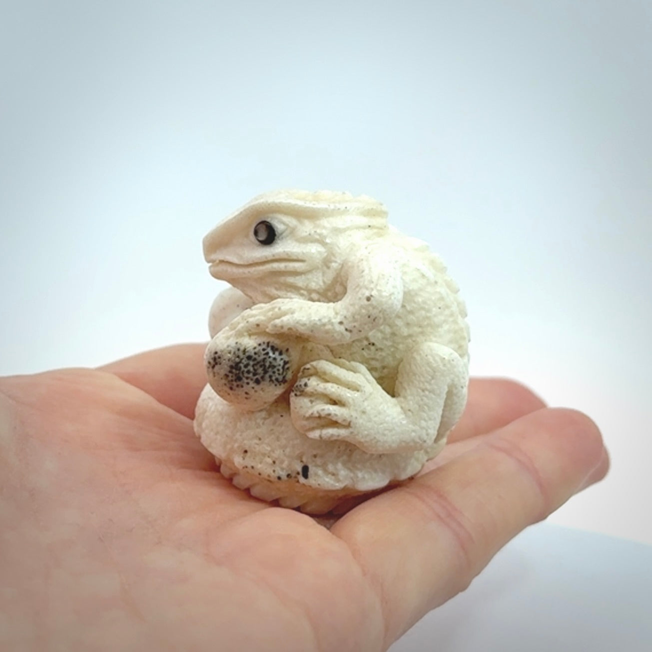 Hand carved incredible tuatara with dinosaur bone carving. A stunning work of art, beautifully replicating a tuatara holding a dinosaur bone. A one off collectors item that has been hand crafted to be worn or displayed.