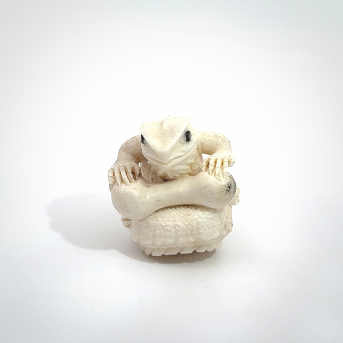 Hand carved incredible tuatara with dinosaur bone carving. A stunning work of art, beautifully replicating a tuatara holding a dinosaur bone. A one off collectors item that has been hand crafted to be worn or displayed.