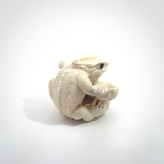 Hand carved incredible tuatara with dinosaur bone carving. A stunning work of art, beautifully replicating a tuatara holding a dinosaur bone. A one off collectors item that has been hand crafted to be worn or displayed.