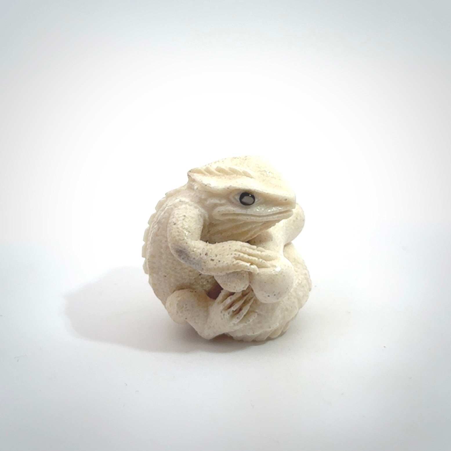 Hand carved incredible tuatara with dinosaur bone carving. A stunning work of art, beautifully replicating a tuatara holding a dinosaur bone. A one off collectors item that has been hand crafted to be worn or displayed.