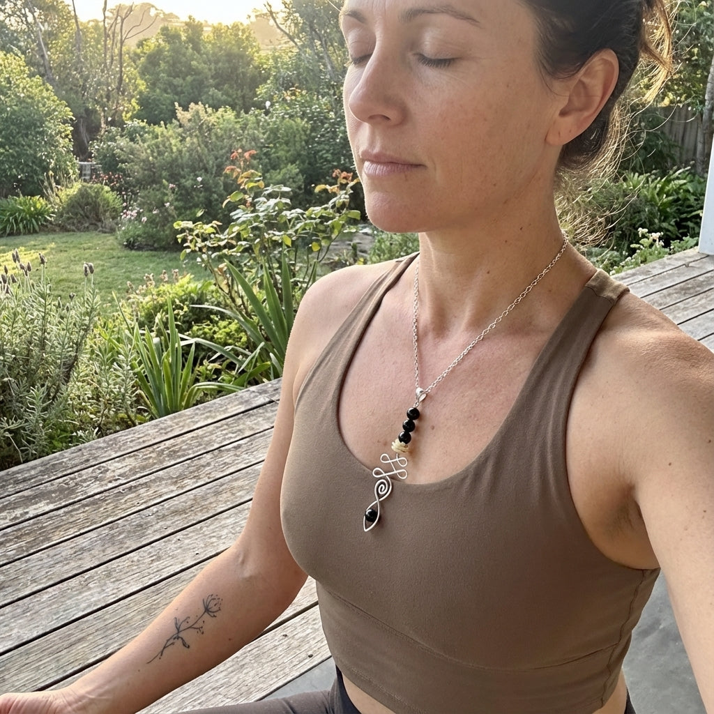 Woman in a brown tank top with a necklace, sitting outdoors on a wooden deck.