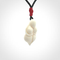 Hand carved goddess pendant. Venus of Willendorf pendant carved in bone. Made by NZ Pacific. Bone jewellery for sale online.
