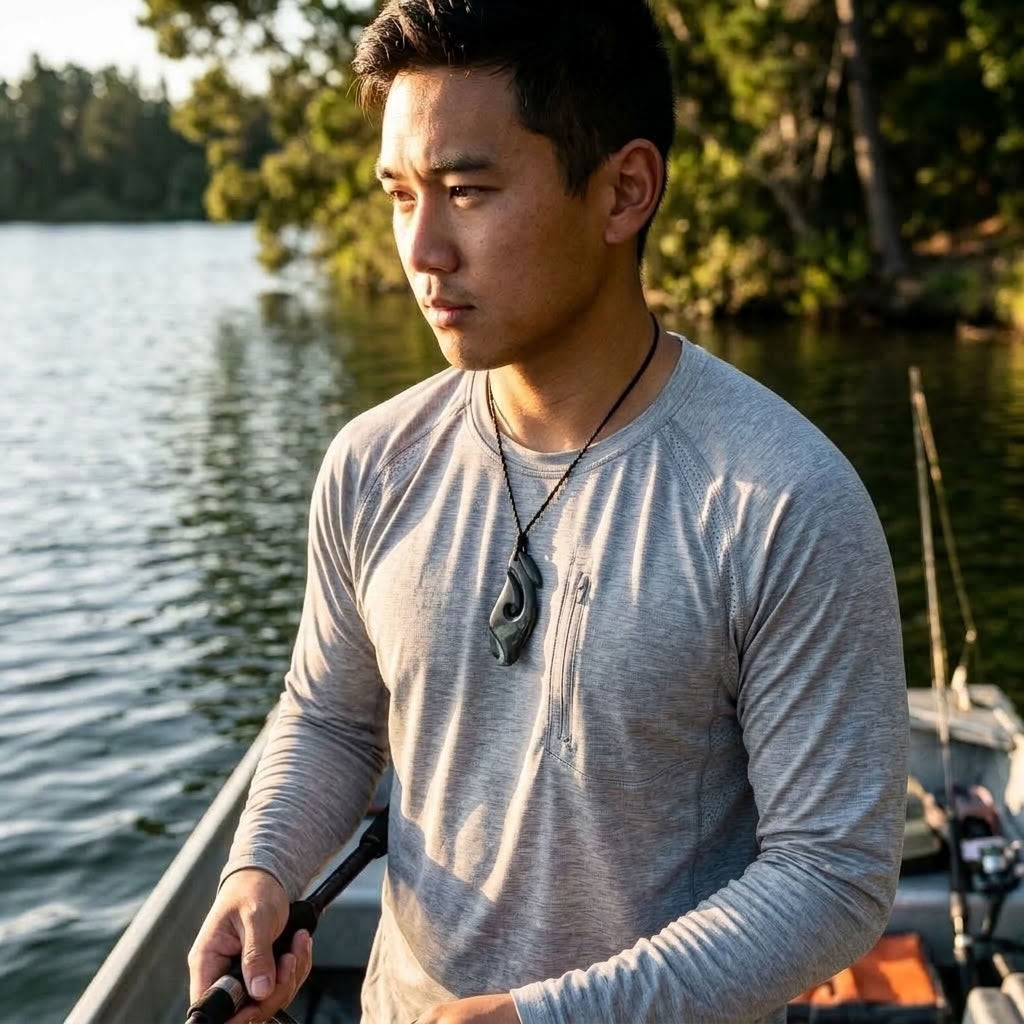 Man wearing jade hook pendant