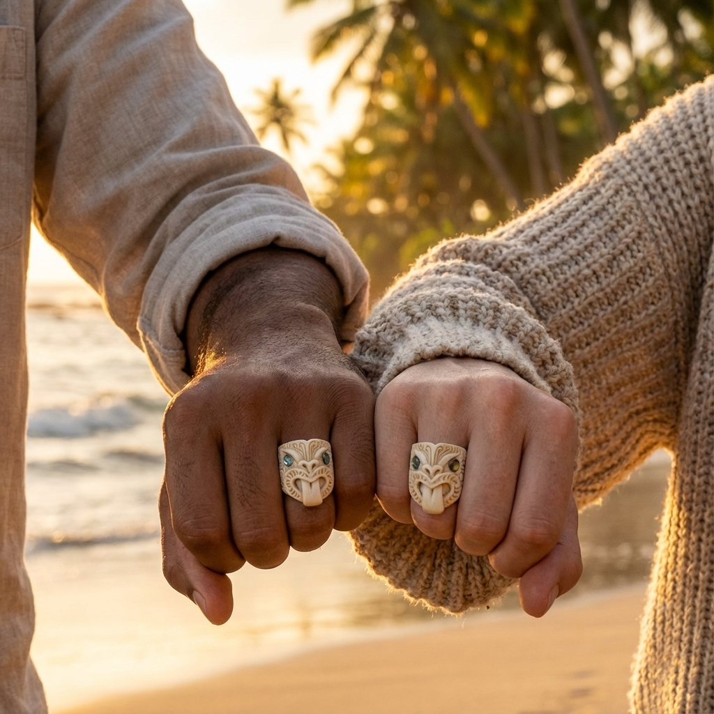 Two people showing their fists wearing matching wheku rings on a beach at sunset