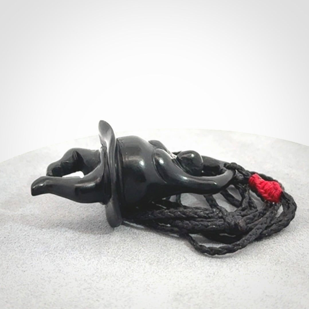 Hand carved Black jade ballet dancer pendant. Hand carved by NZ Pacific. Black Jade jewellery for sale online. Ballerina pendant that is provided on a black adjustable cord and packaged in a woven kete pouch.