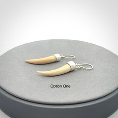 Hand made mammoth tusk drop earrings. Made by NZ Pacific - handmade jewellery for sale online. Woolly Mammoth Tusk fang style earrings, packaged in a woven kete pouch.