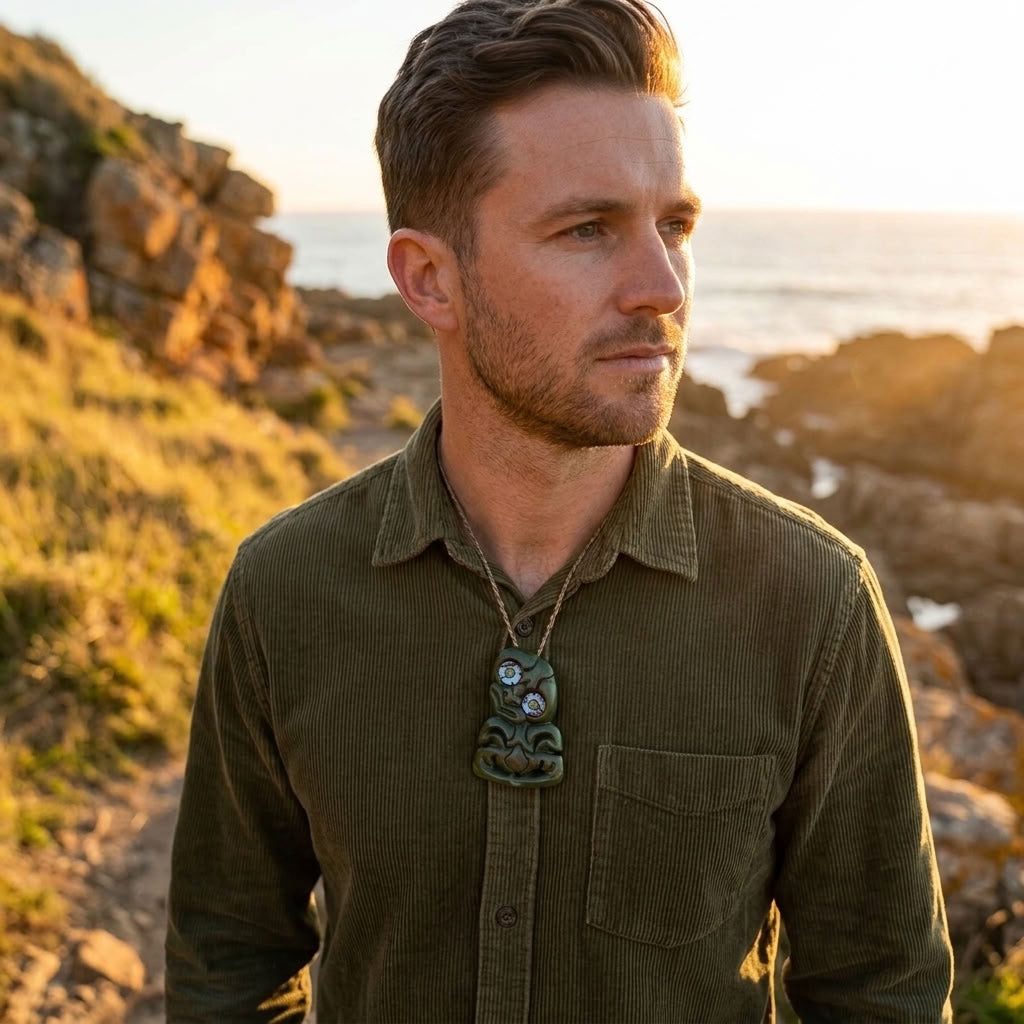 Man wearing jade tiki pendant