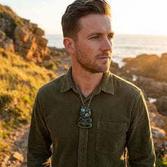 Man wearing jade tiki pendant