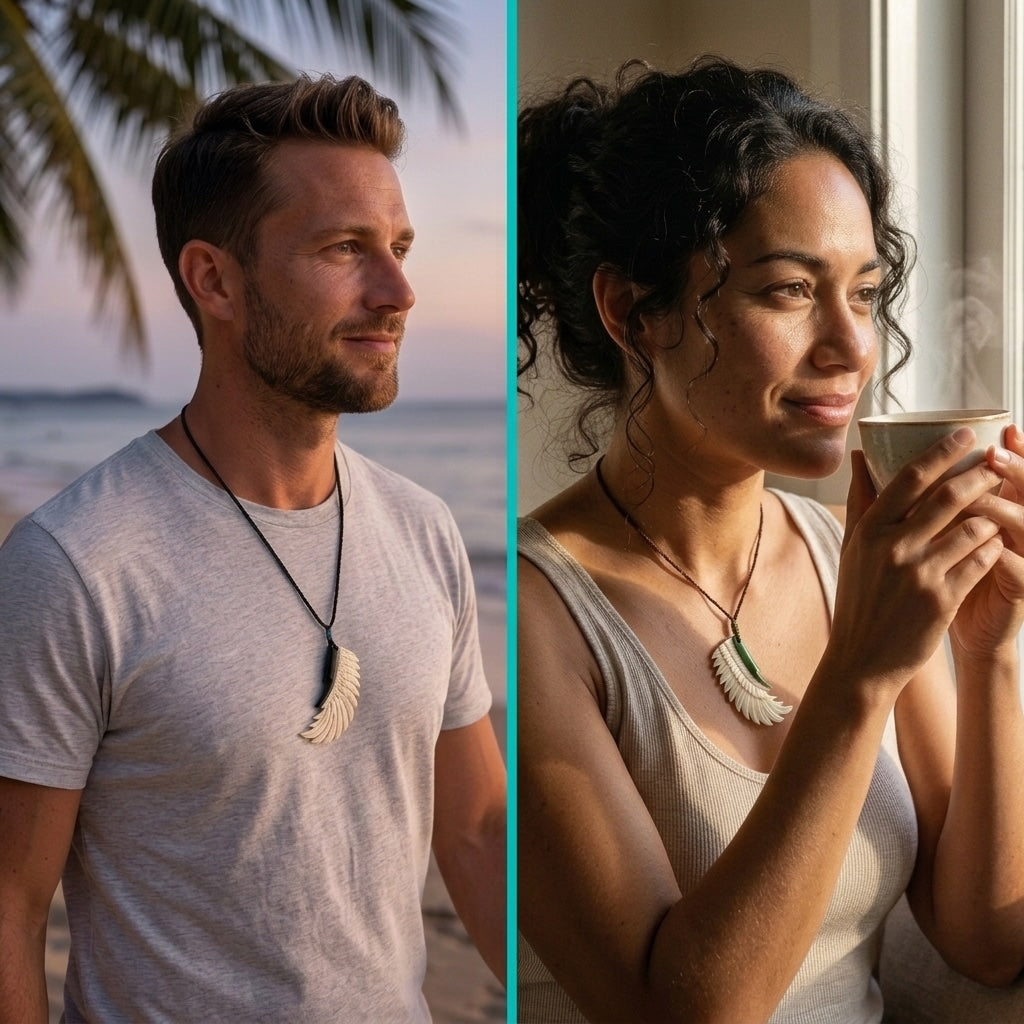 man and woman wearing bone and jade wing pendant