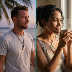 man and woman wearing bone and jade wing pendant