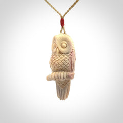 A traditional Owl design carving, hand made for us from deer antler, bone. This is a work of art and is a collectable piece of traditional bone carving. It can be worn as a special piece of jewellery or displayed. This is art made to wear at its finest.