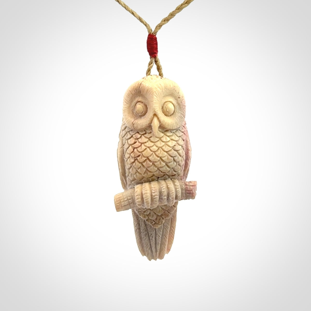 A traditional Owl design carving, hand made for us from deer antler, bone. This is a work of art and is a collectable piece of traditional bone carving. It can be worn as a special piece of jewellery or displayed. This is art made to wear at its finest.