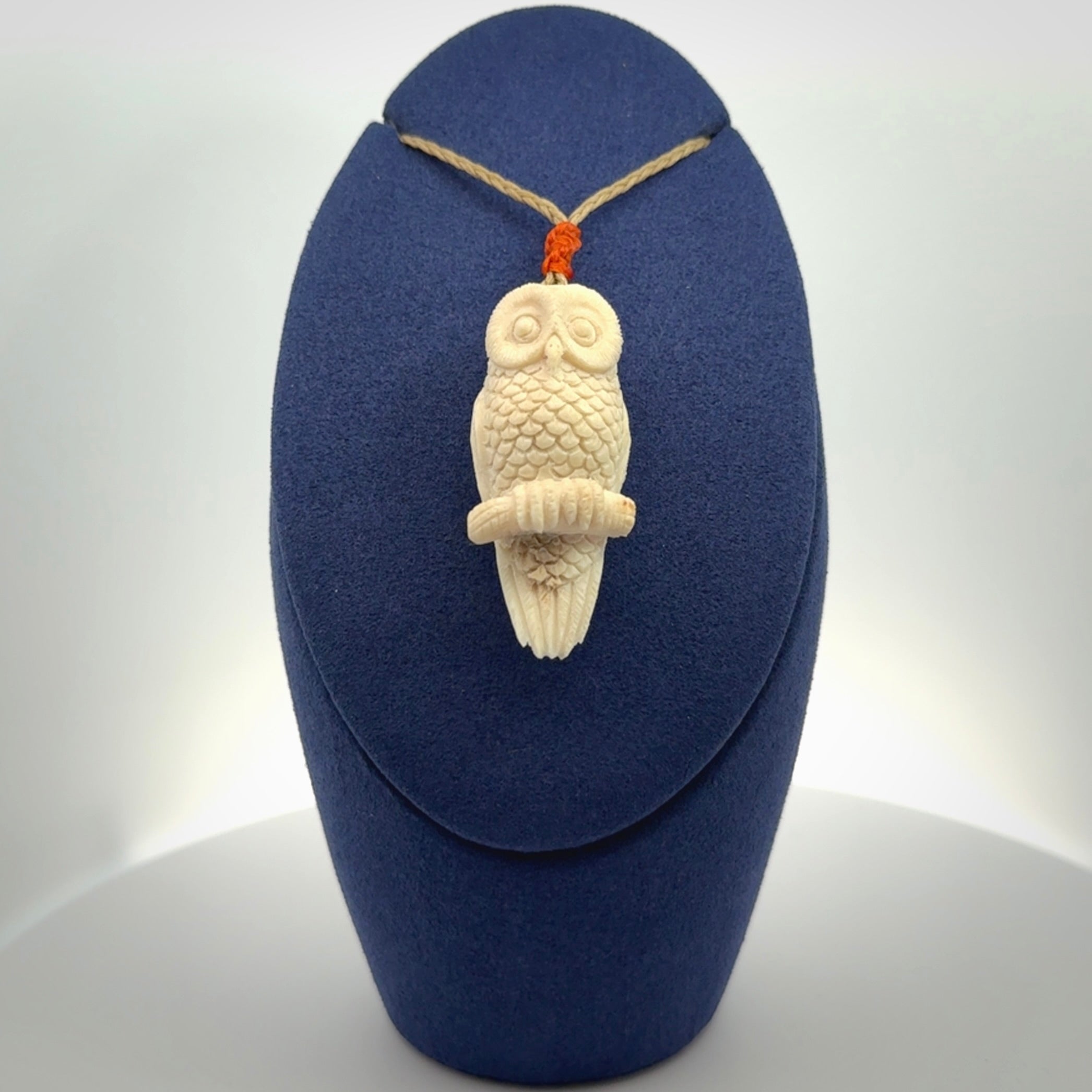 A traditional Owl design carving, hand made for us from deer antler, bone. This is a work of art and is a collectable piece of traditional bone carving. It can be worn as a special piece of jewellery or displayed. This is art made to wear at its finest.