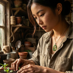Woman tending to plants in a rustic indoor setting wearing jade pendant