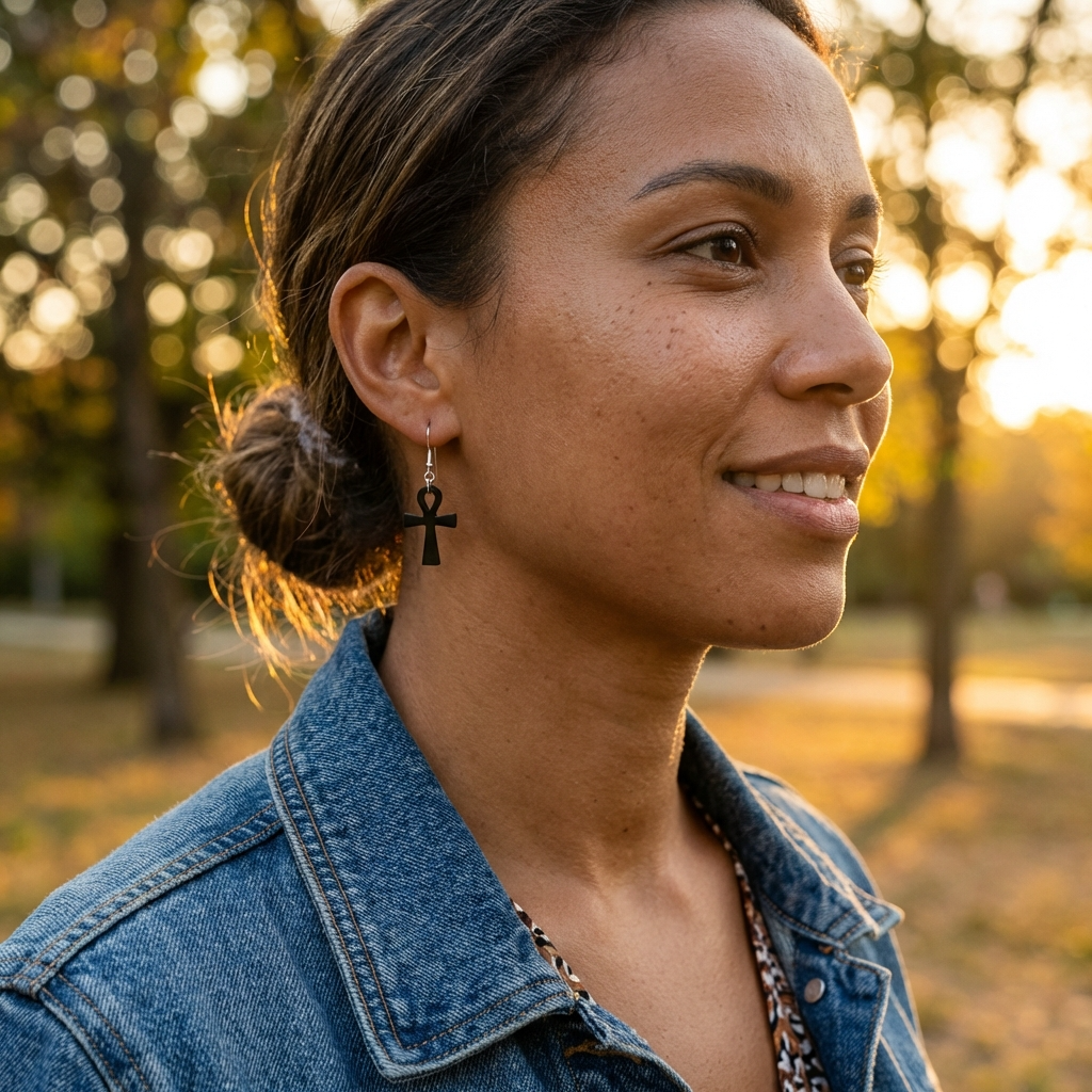 woman wearing black jade ankh cross earrings