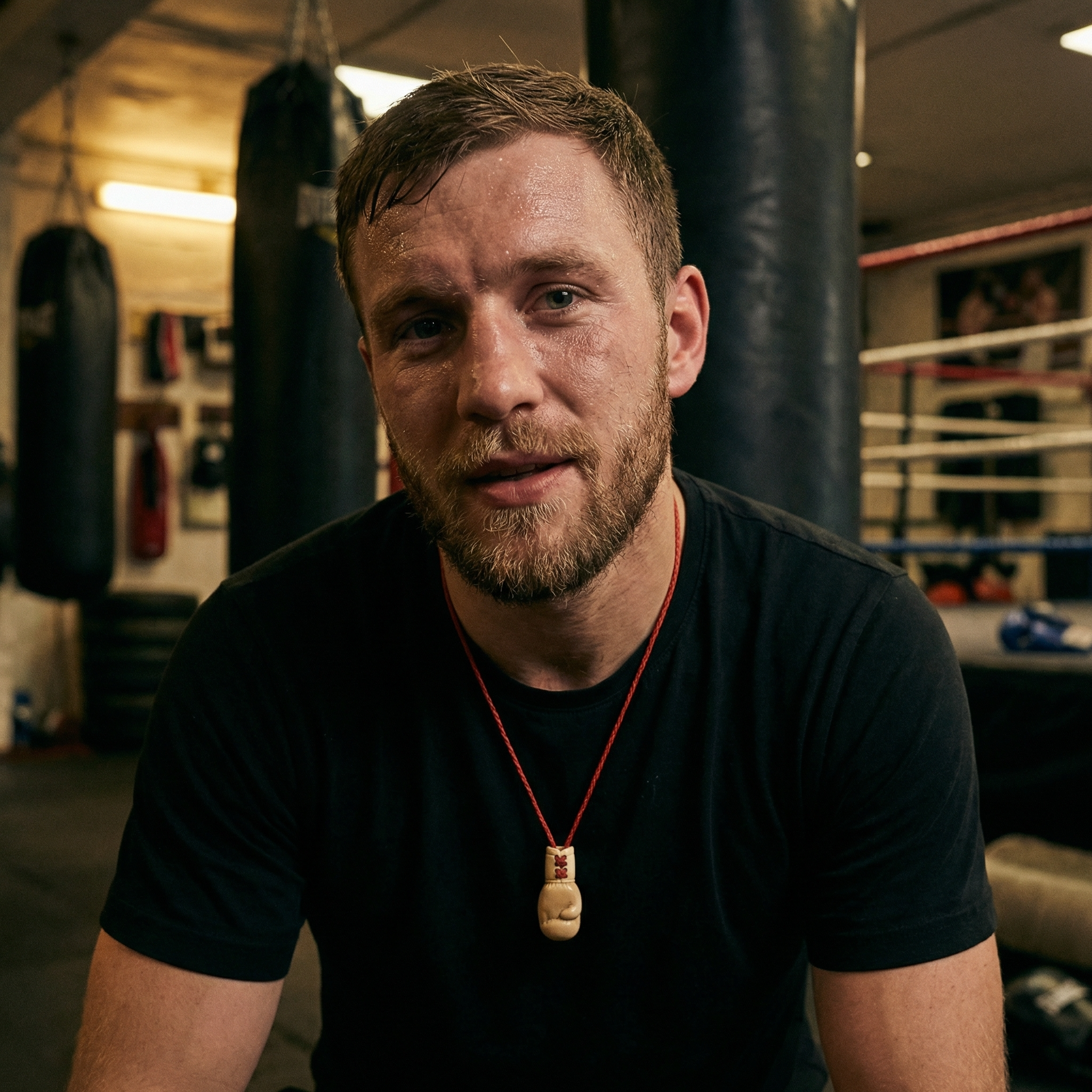man wearing a boxing glove pendant