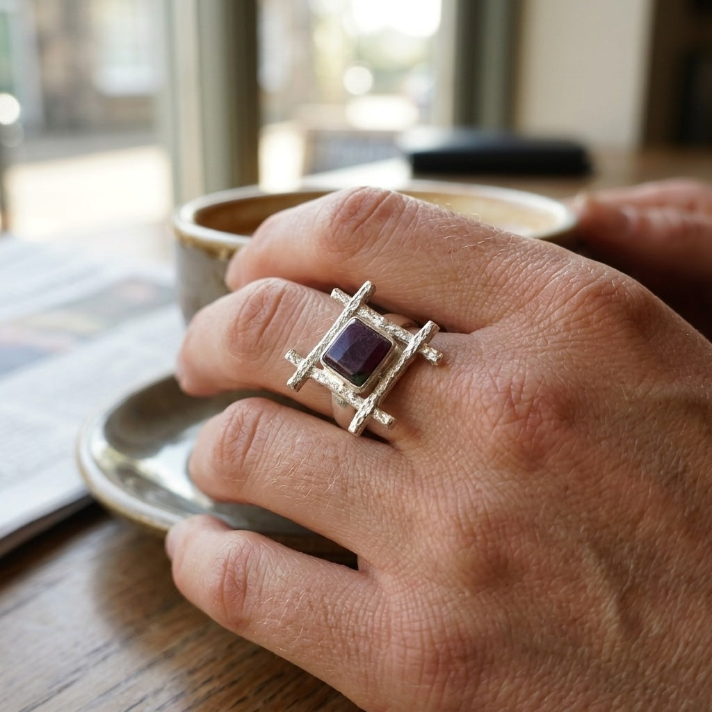 woman wearing ruby ring